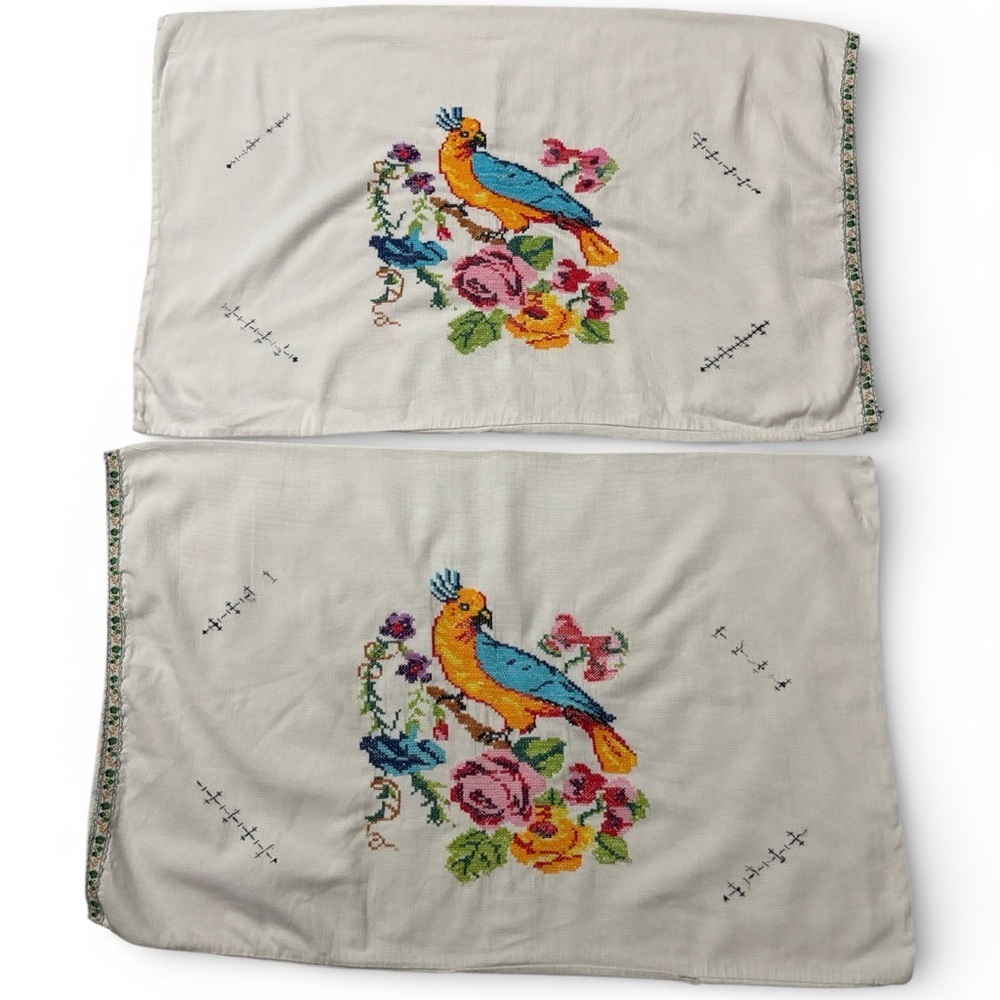 Vintage Embroidered Parrot Standard Sized Pillowcases - Multicolor